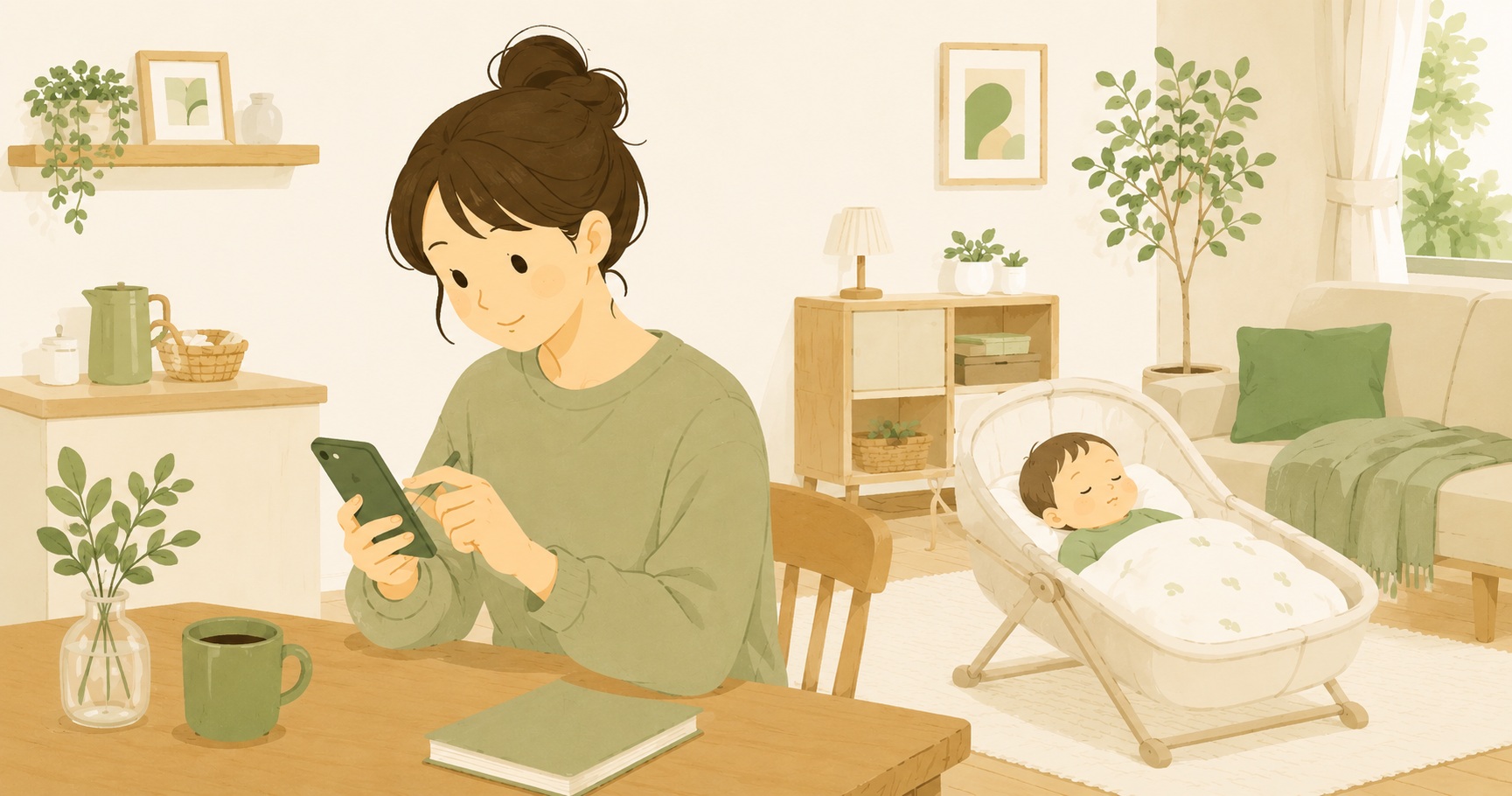 スマートフォンで子育て記録を付けている様子のイラスト