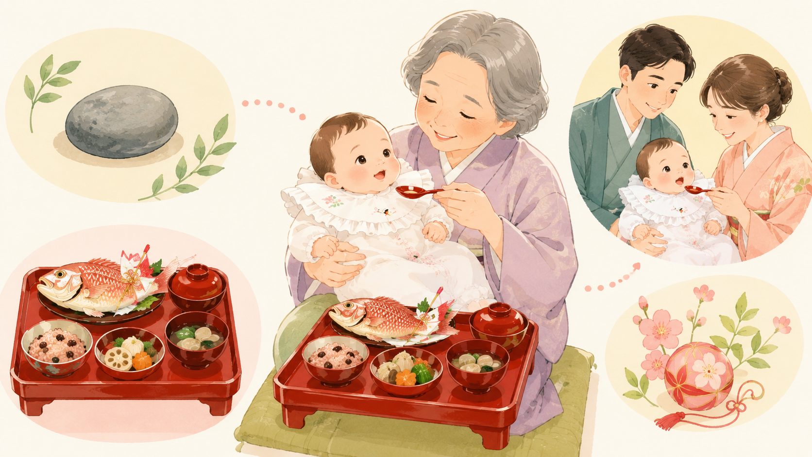 お食い初めの意味と由来を表すイラスト