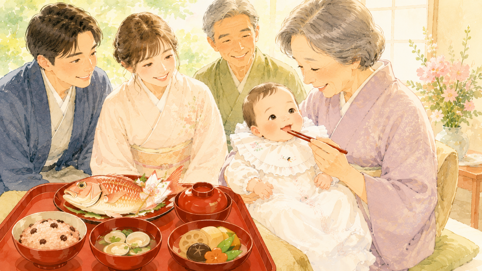 お食い初めの儀式の流れ・料理を食べさせる順番のイメージ