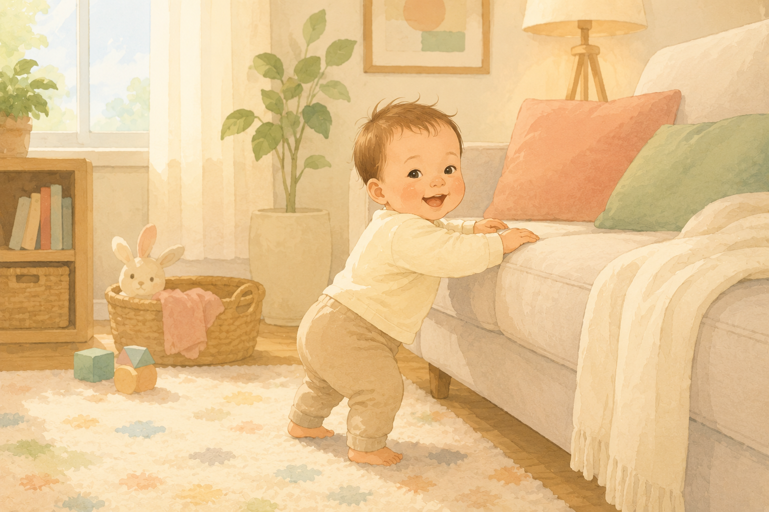 生後10ヶ月ごろ、つかまり立ちをする赤ちゃんのイメージ
