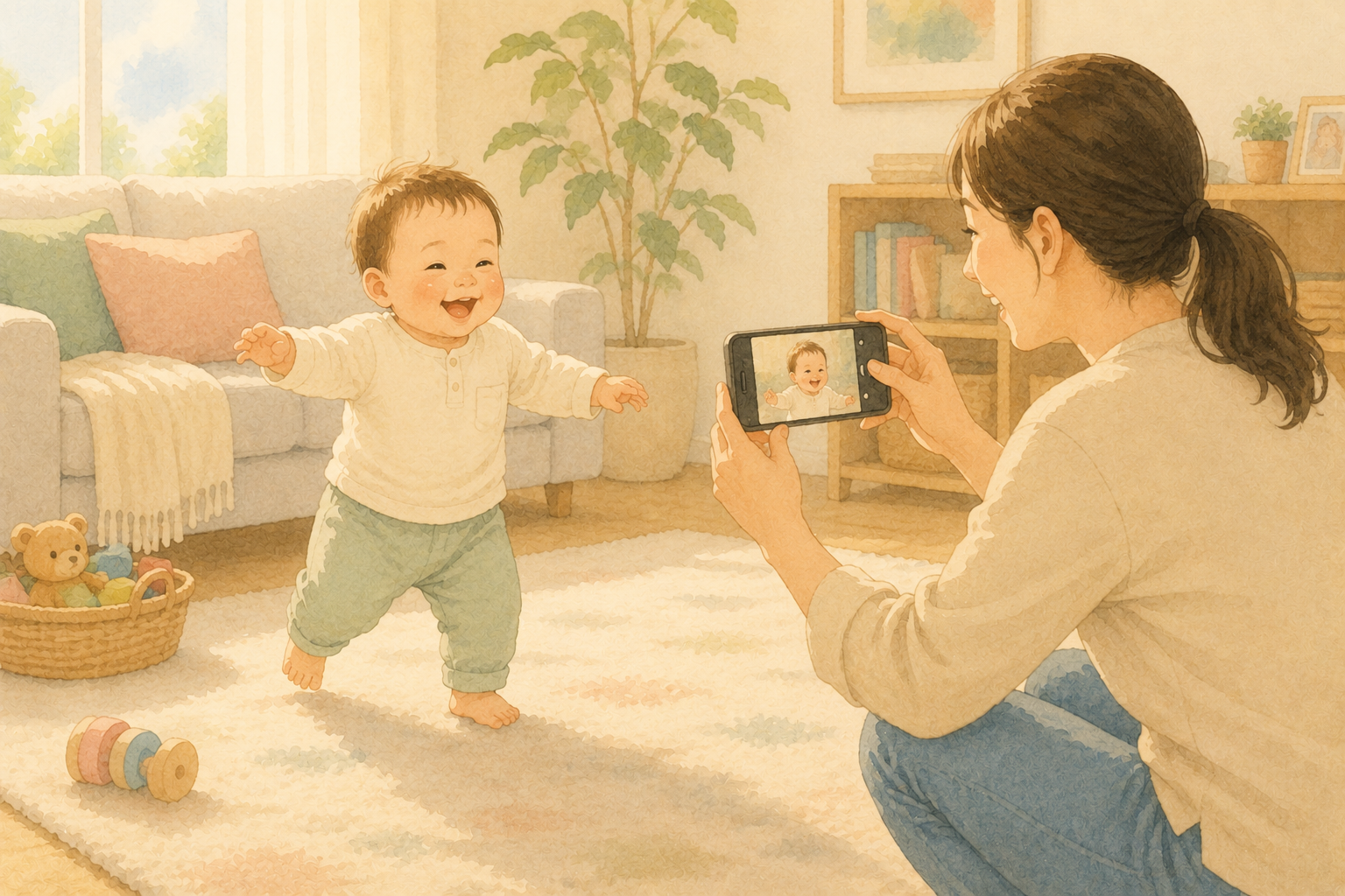 コーナーガードや安全マットが敷かれたリビングのイメージ