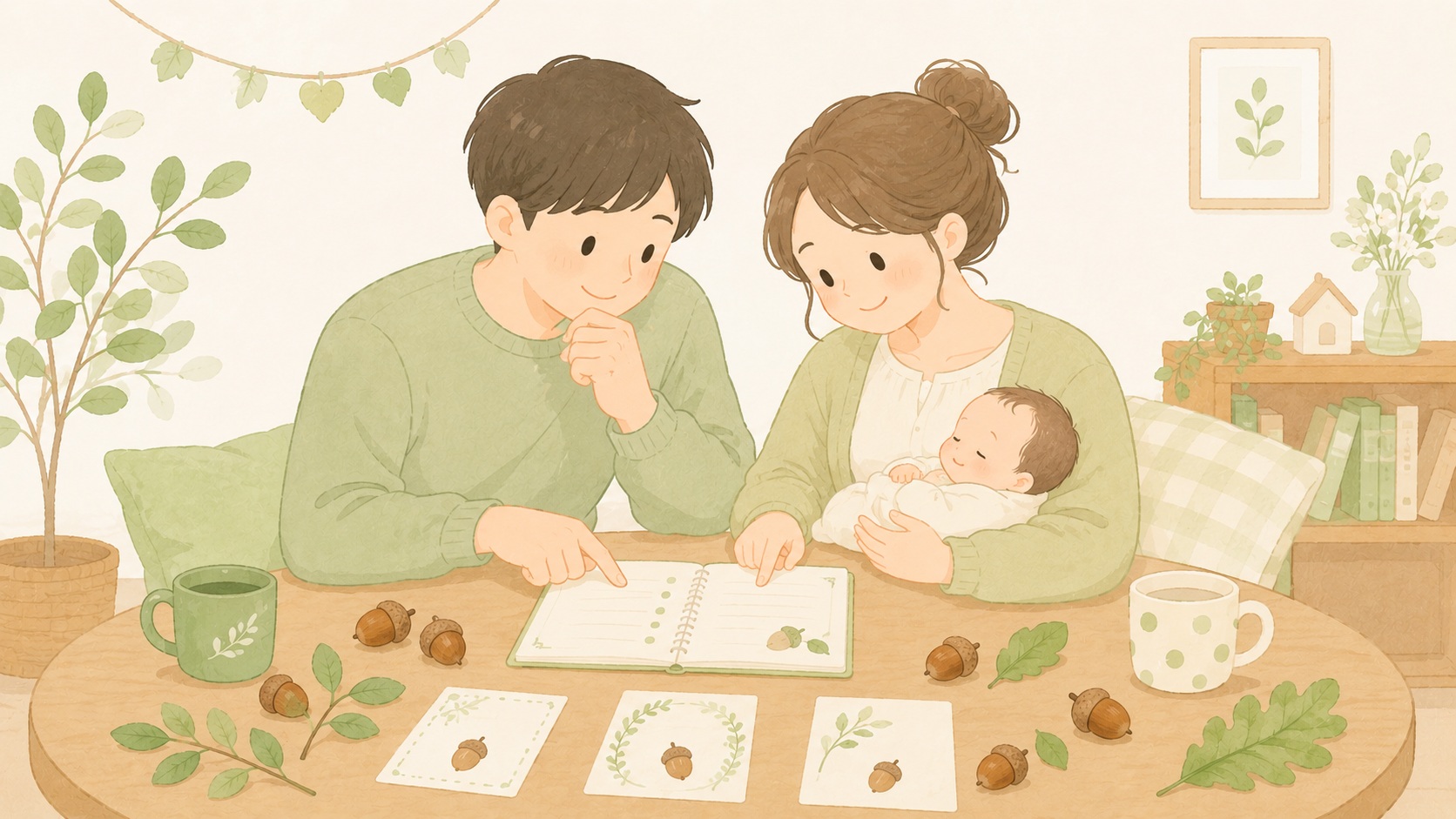 家族で名前を話し合うあたたかいイメージ