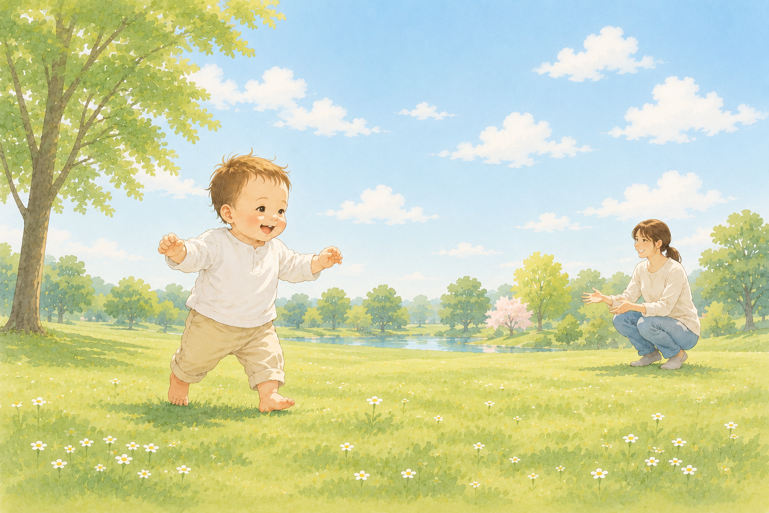 芝生の上でよちよち歩きをする赤ちゃんのイメージ