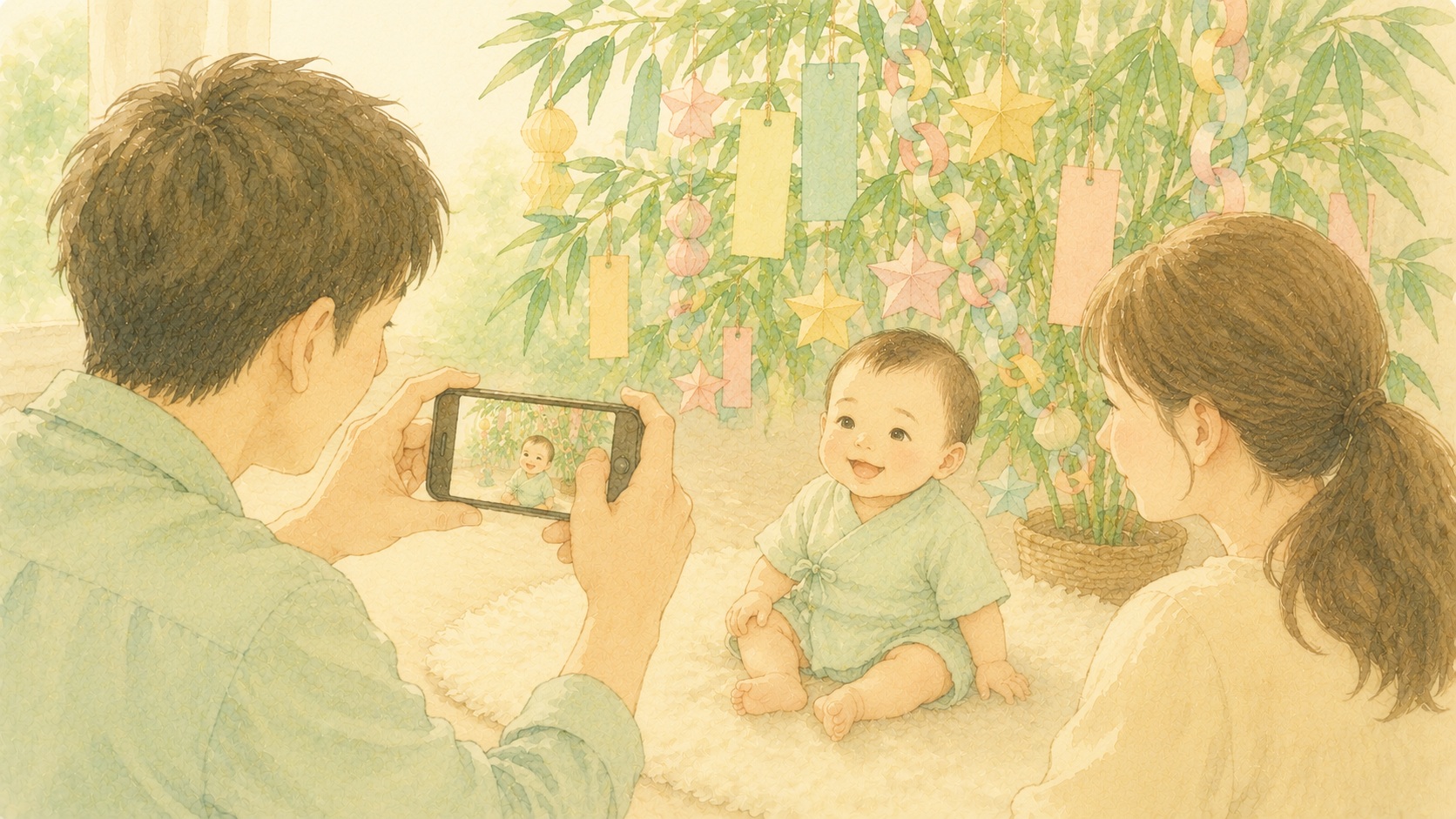 笹飾りの前で家族写真を撮りながら思い出を残す様子のイラスト