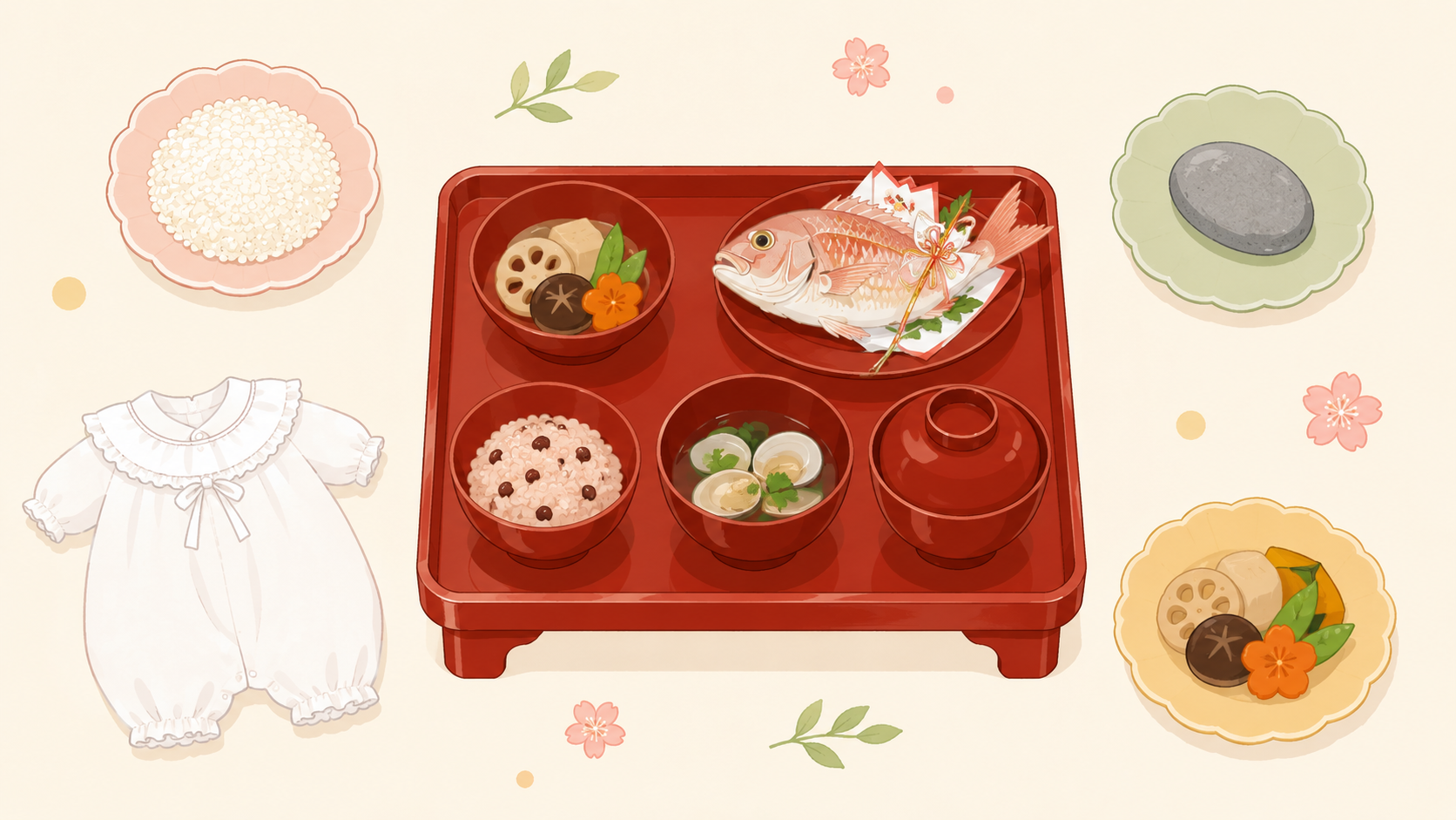 お食い初めの準備品・器や食材を並べたイメージ