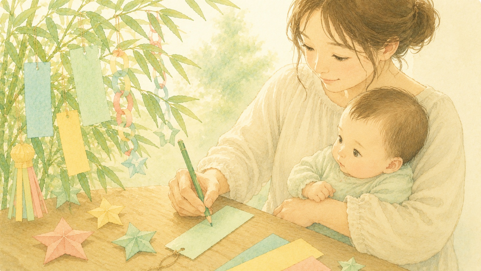 保護者が赤ちゃんのかわりに短冊へ願い事を書く様子のイラスト