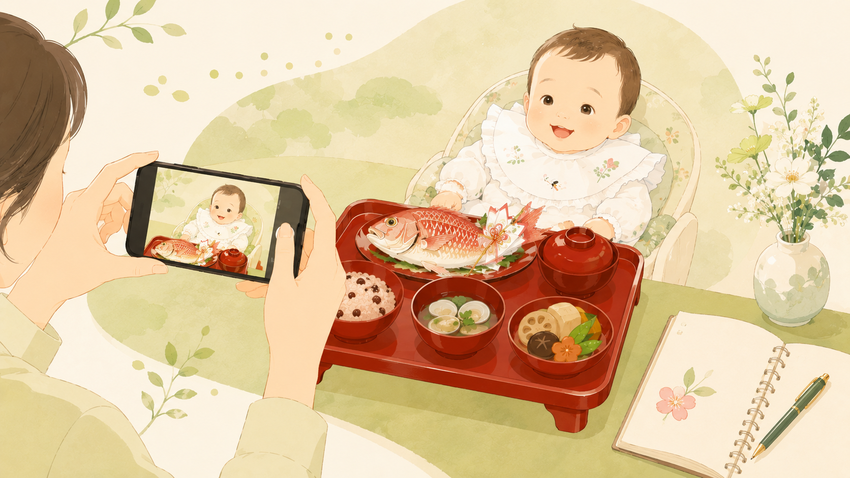 お食い初めの記念写真を撮る家族・育児記録のイメージ
