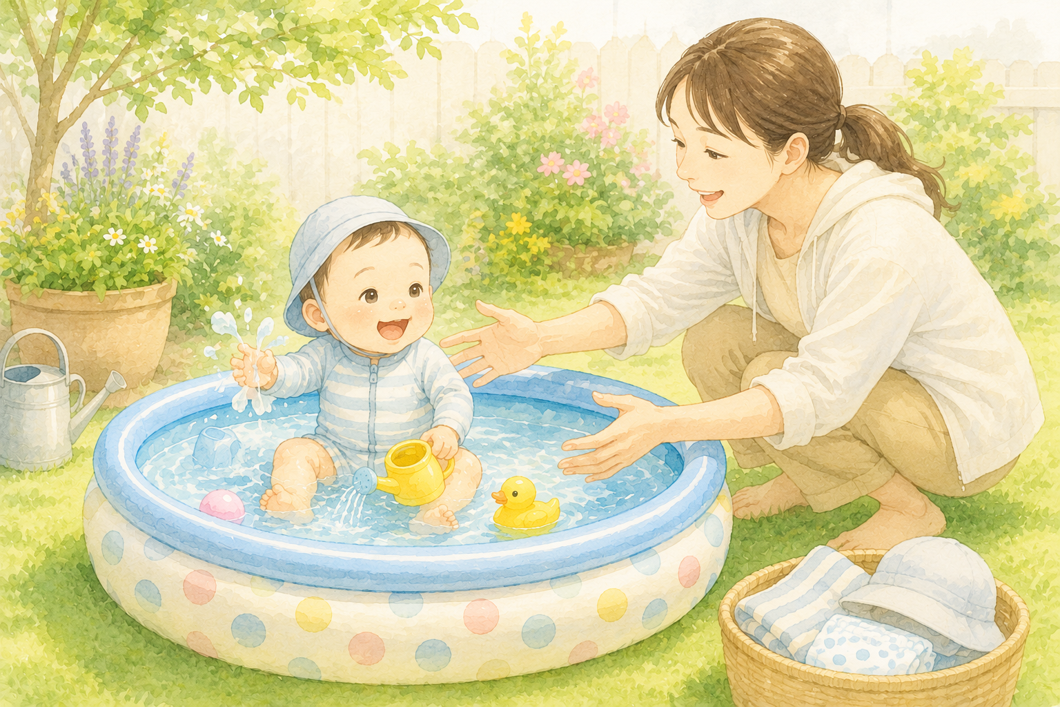 親がそばで見守りながら水遊びをする様子のイラスト