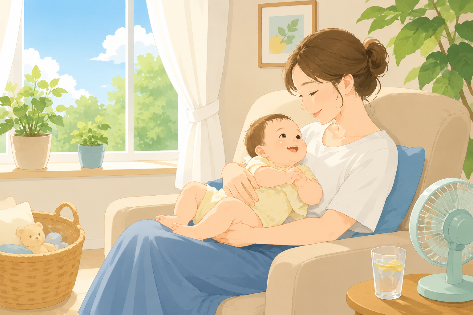 夏の日差しの中で涼しそうに過ごす赤ちゃんのイラスト