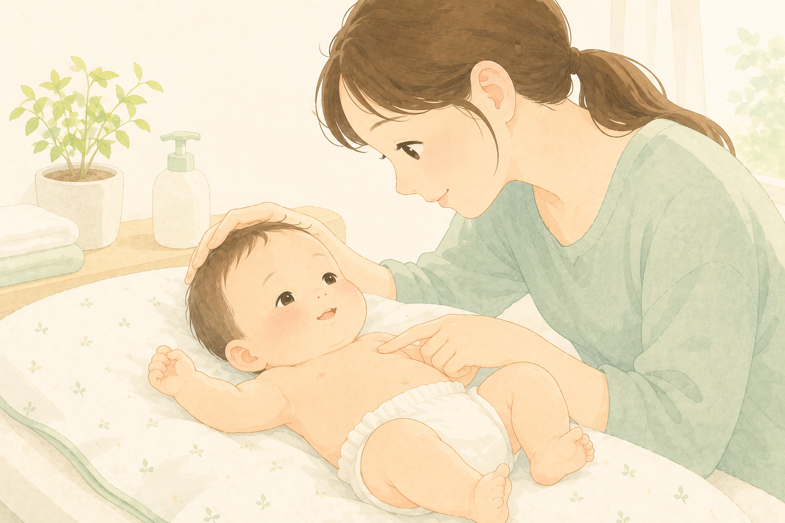 肌の様子を確認しながら赤ちゃんをケアする保護者のイラスト