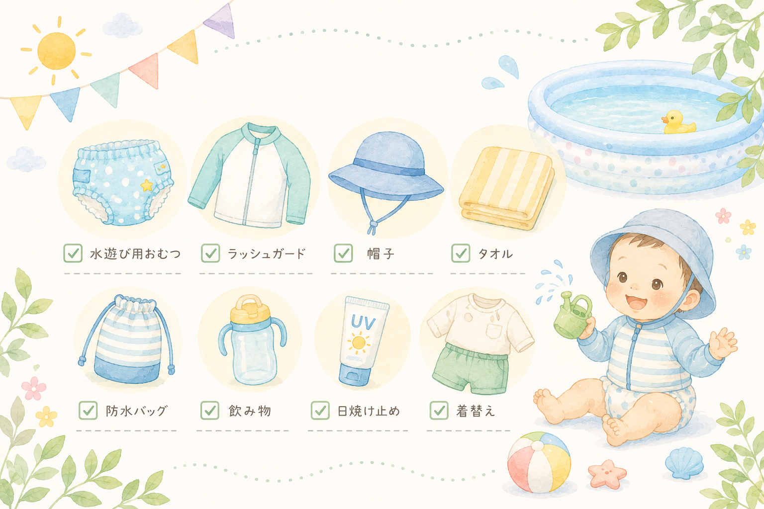 水遊びグッズが並んだ準備リストのイラスト