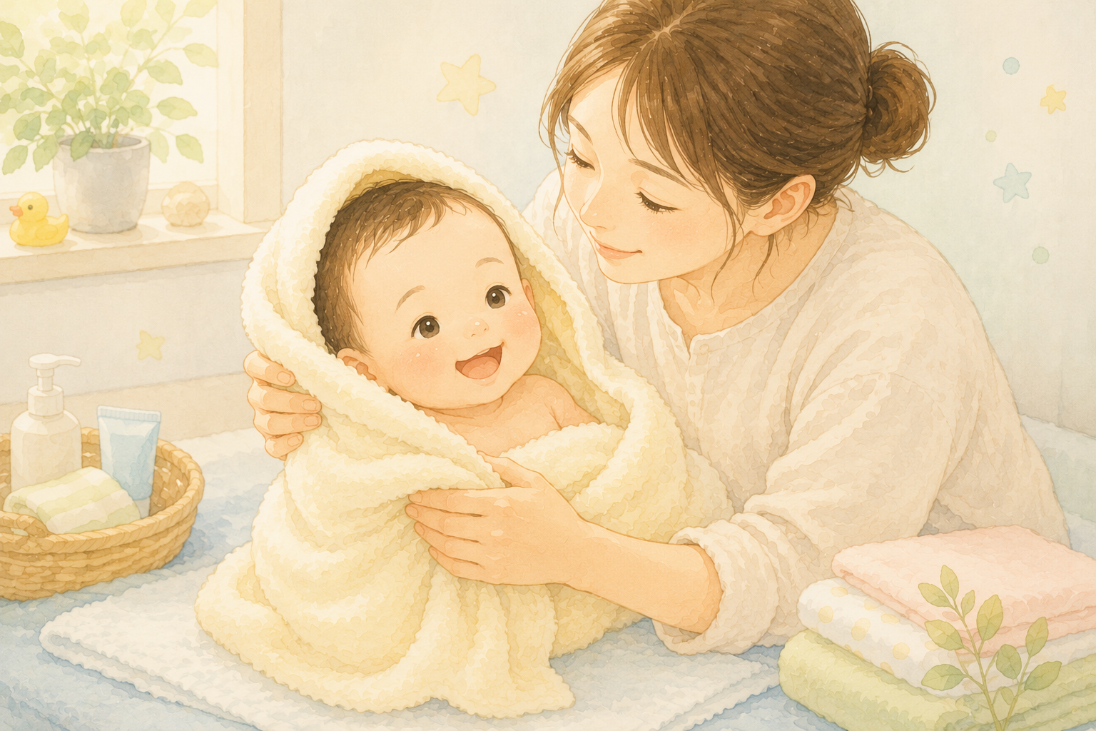 お風呂上がりの赤ちゃんをタオルで包む親のイラスト