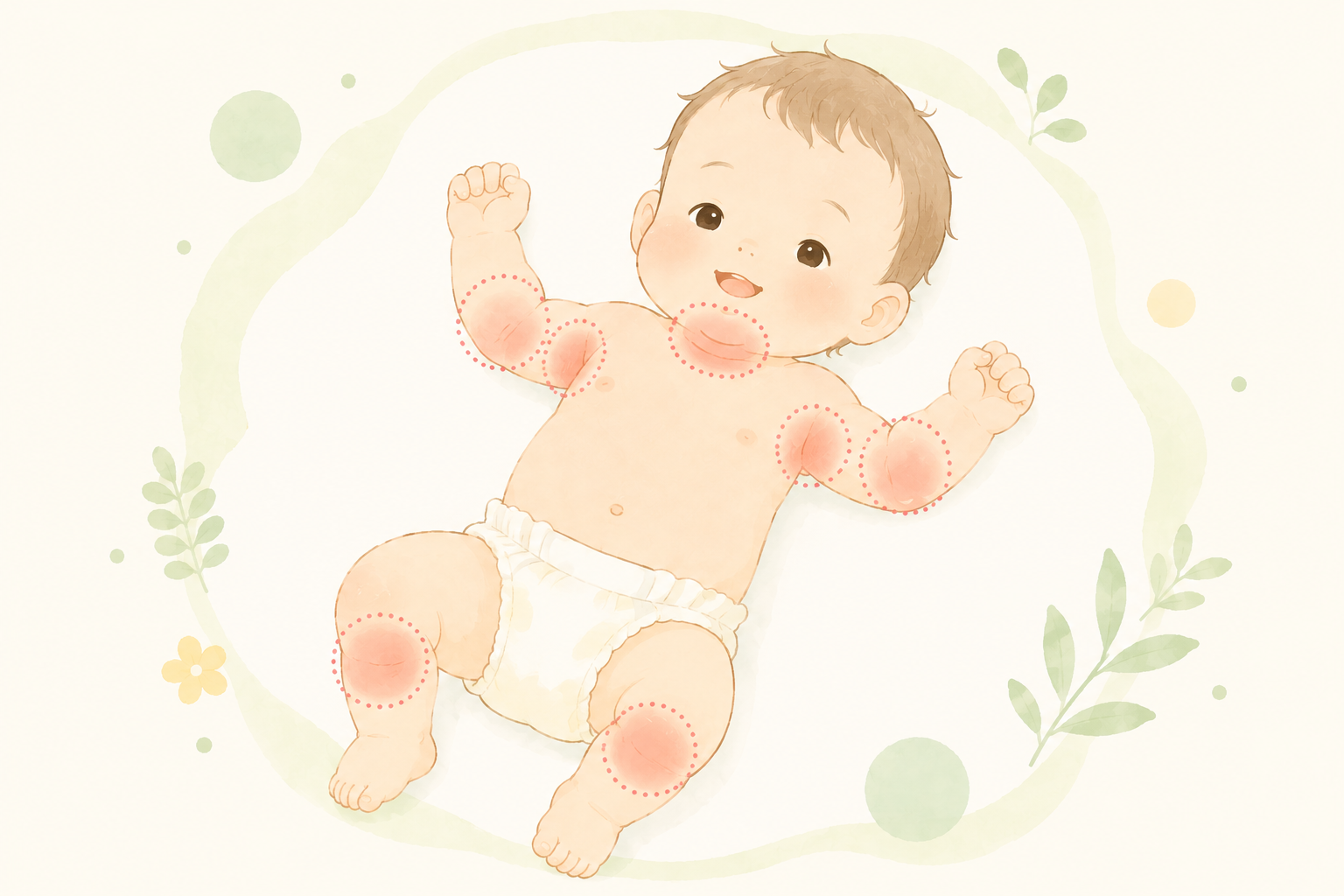 あせもができやすい部位を示した赤ちゃんの体のイラスト