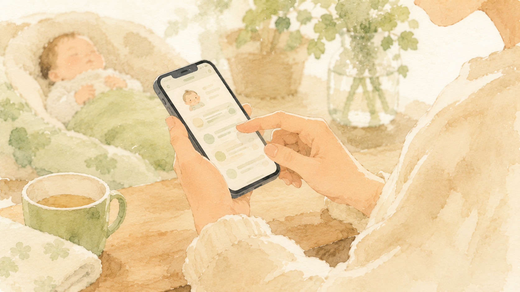 スマホで育児記録をつける親の手元